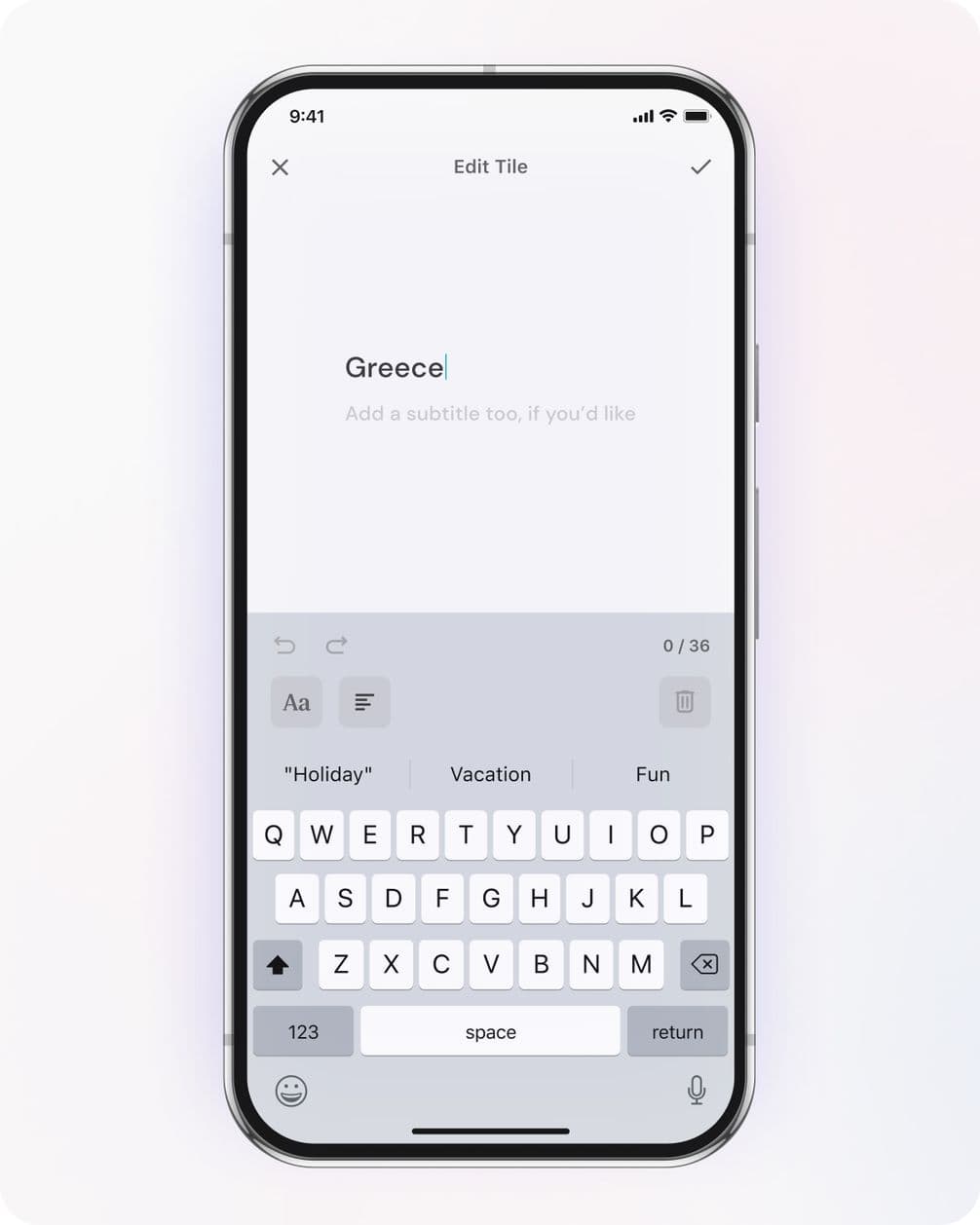 Smartphone screen displaying a text input interface with the word "Greece" typed. Keyboard and subtitle options visible below.