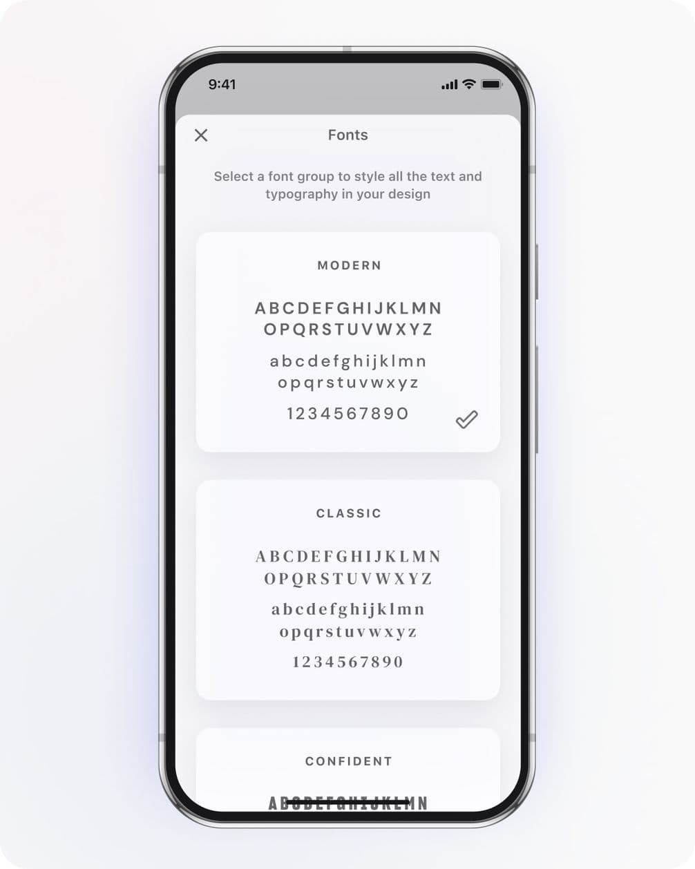 Smartphone screen displaying a font selection menu with options for "Modern" and "Classic" fonts, each showing uppercase, lowercase, and numbers.