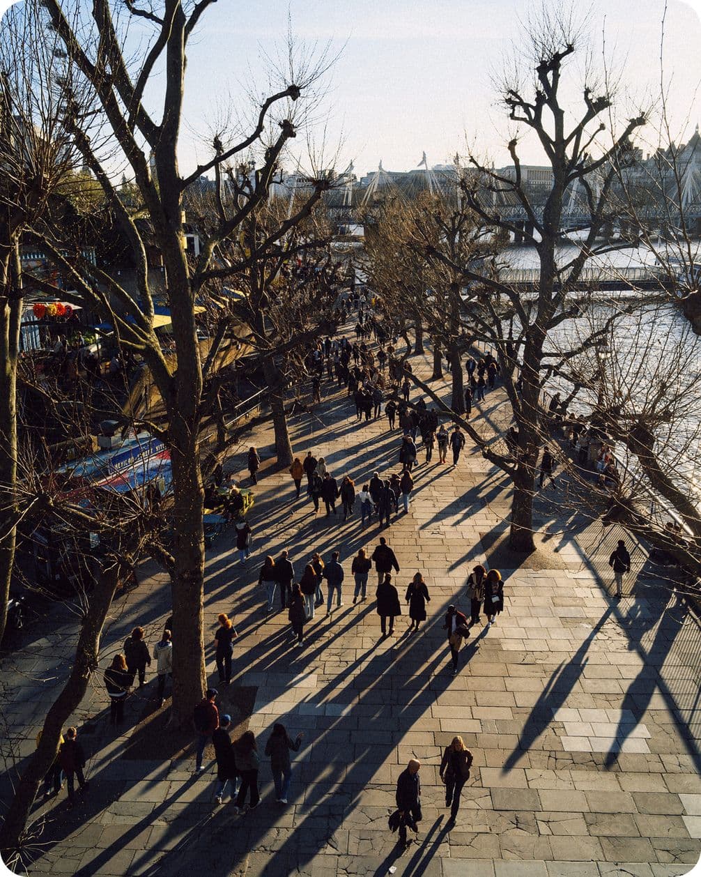 People walking along a tree-lined riverside promenade on a sunny day, casting long shadows on the pavement.