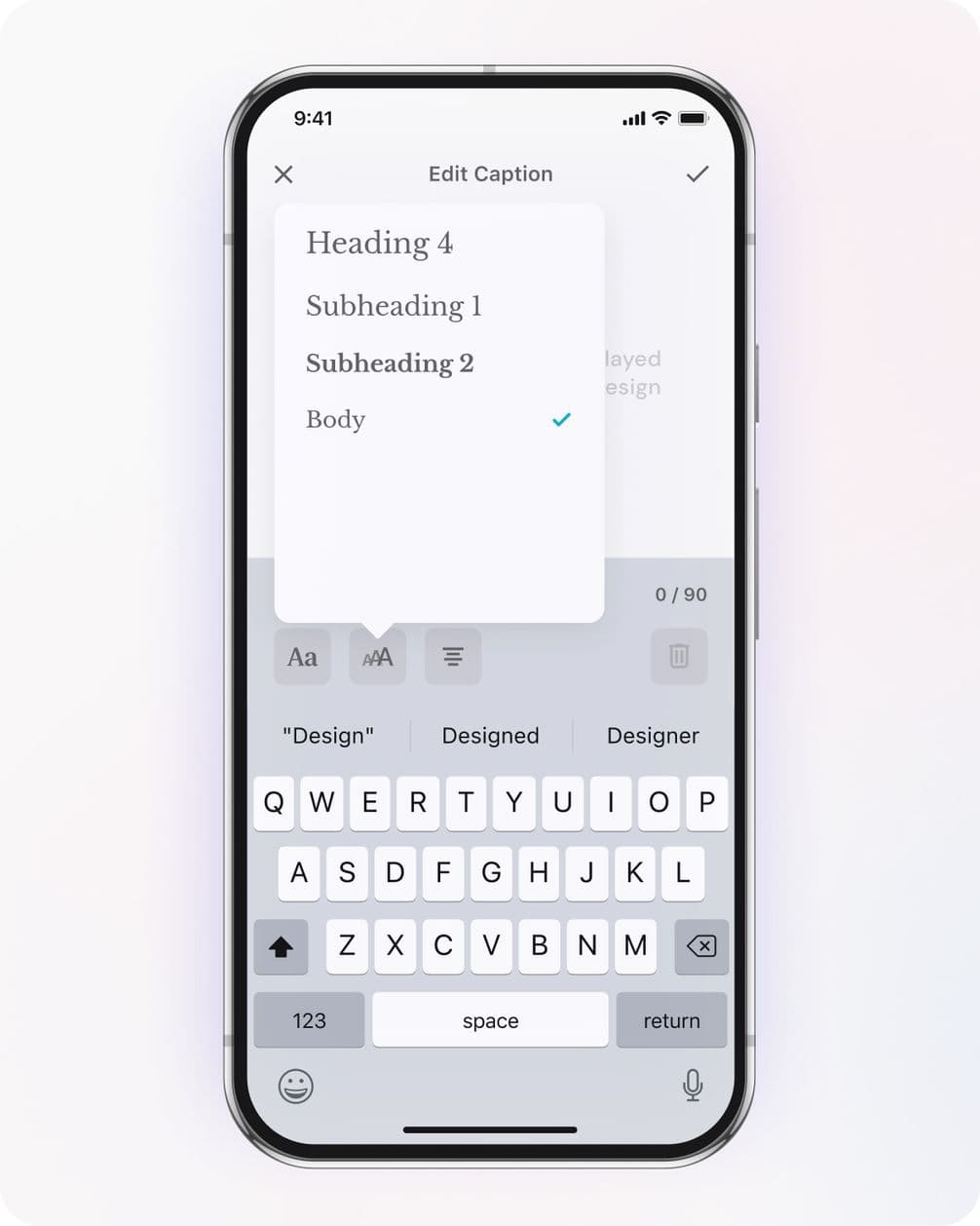 Smartphone screen showing a text editor with options for headings and body text. Keyboard visible at the bottom.