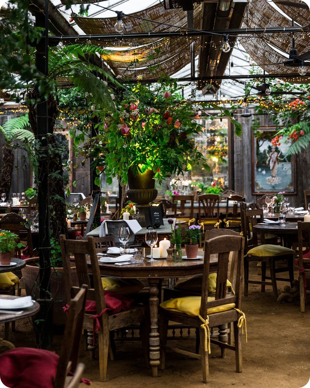 Cozy outdoor restaurant with wooden tables, chairs, hanging plants, and warm lighting, creating an inviting and rustic atmosphere.