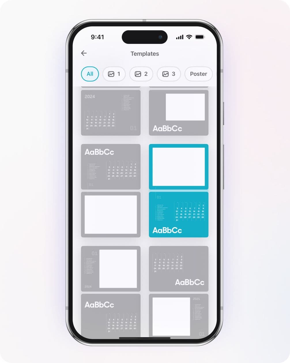Smartphone screen displaying a template selection interface with calendar and text options, highlighting one in blue.