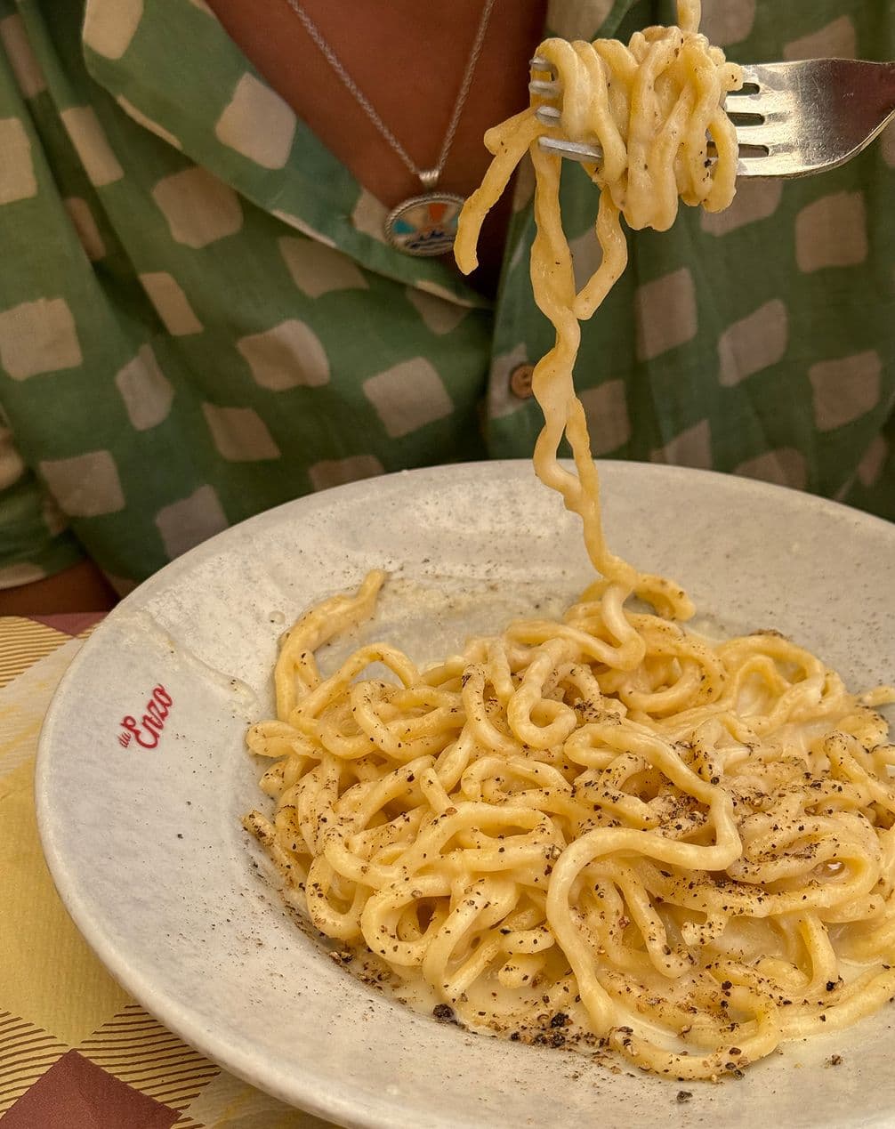 A plate of pasta with creamy sauce and black pepper, with a fork lifting strands. Person in a green checkered shirt in the background.