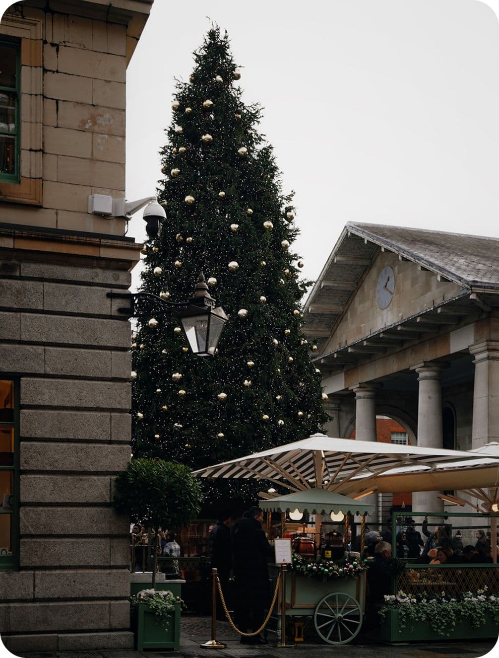 A large Christmas tree adorned with lights and ornaments stands in an urban square near a building and a market stall with a striped canopy.
