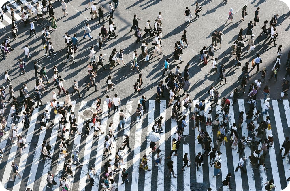 Aerial view of a large crowd crossing a busy street at a zebra crossing, casting long shadows on the pavement.