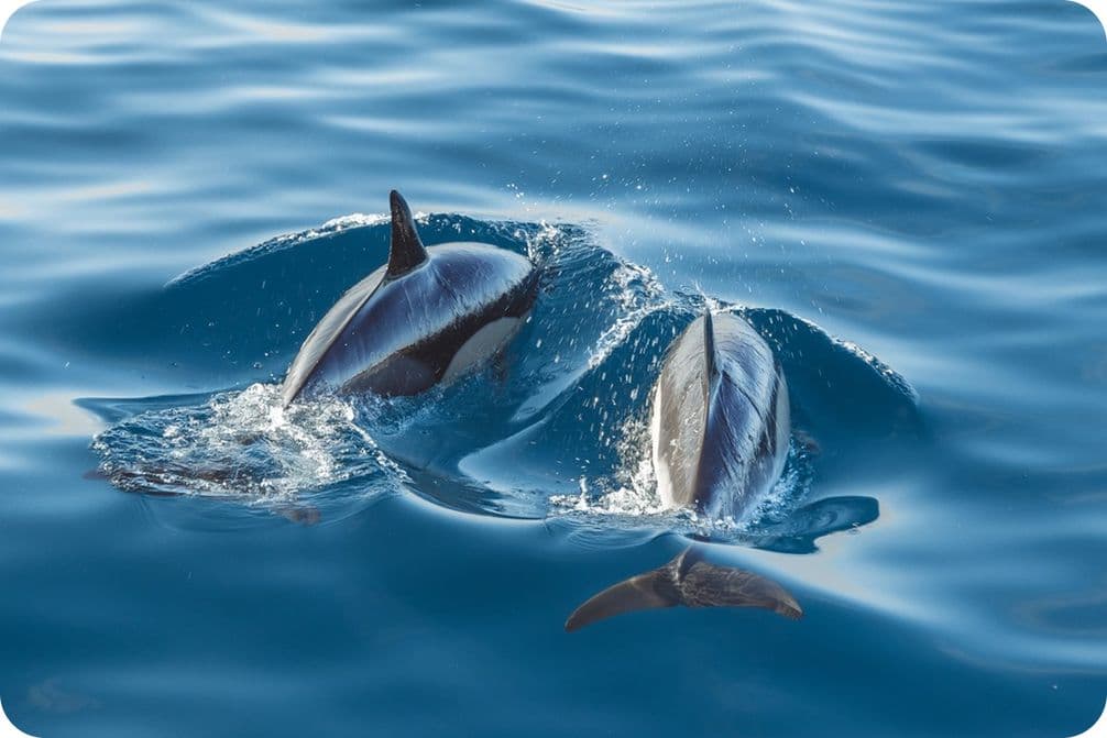 Two dolphins swimming together in clear blue water, creating gentle ripples on the surface.