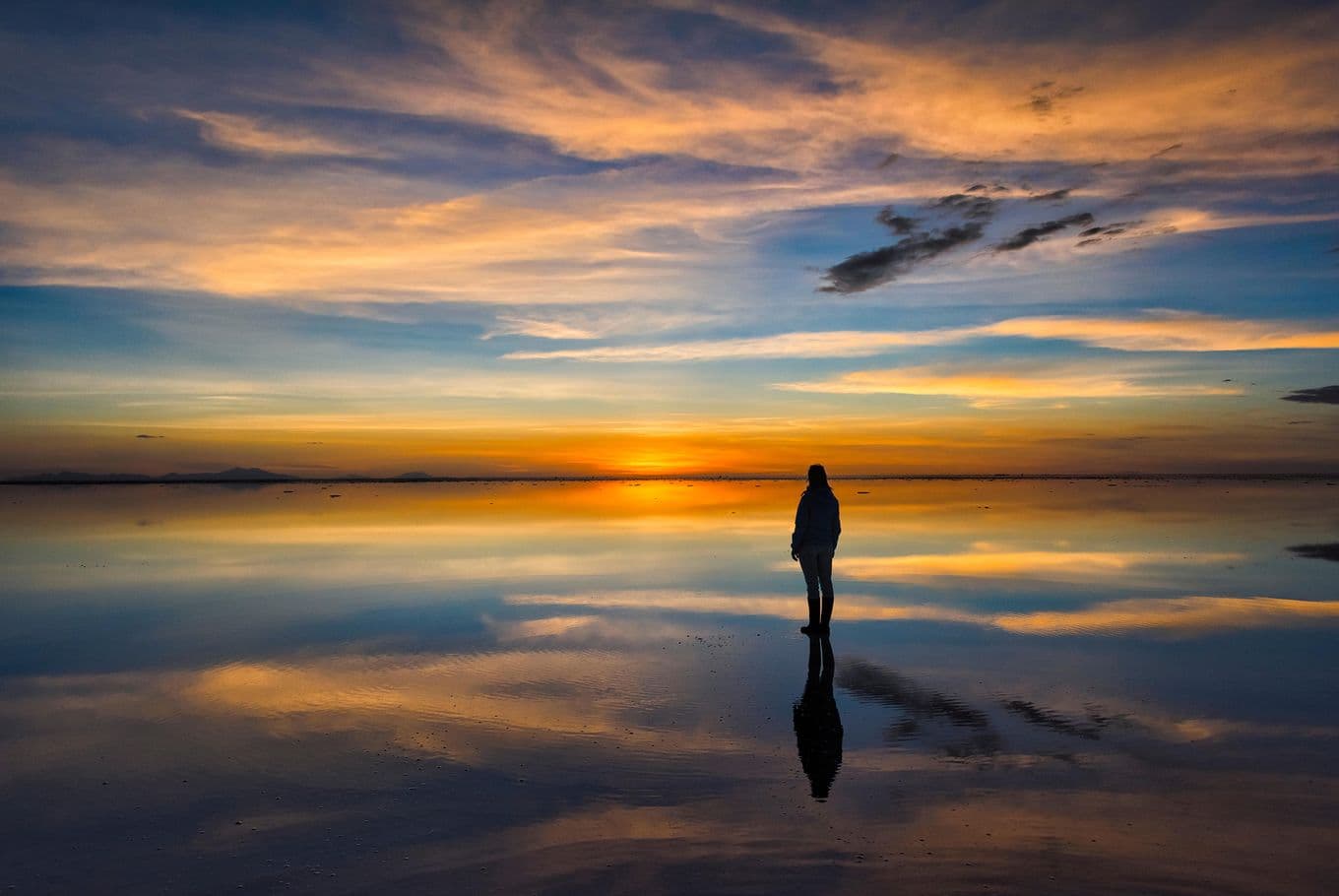A spectacular sunset over the Uyuni Salt Flats in Bolivia.