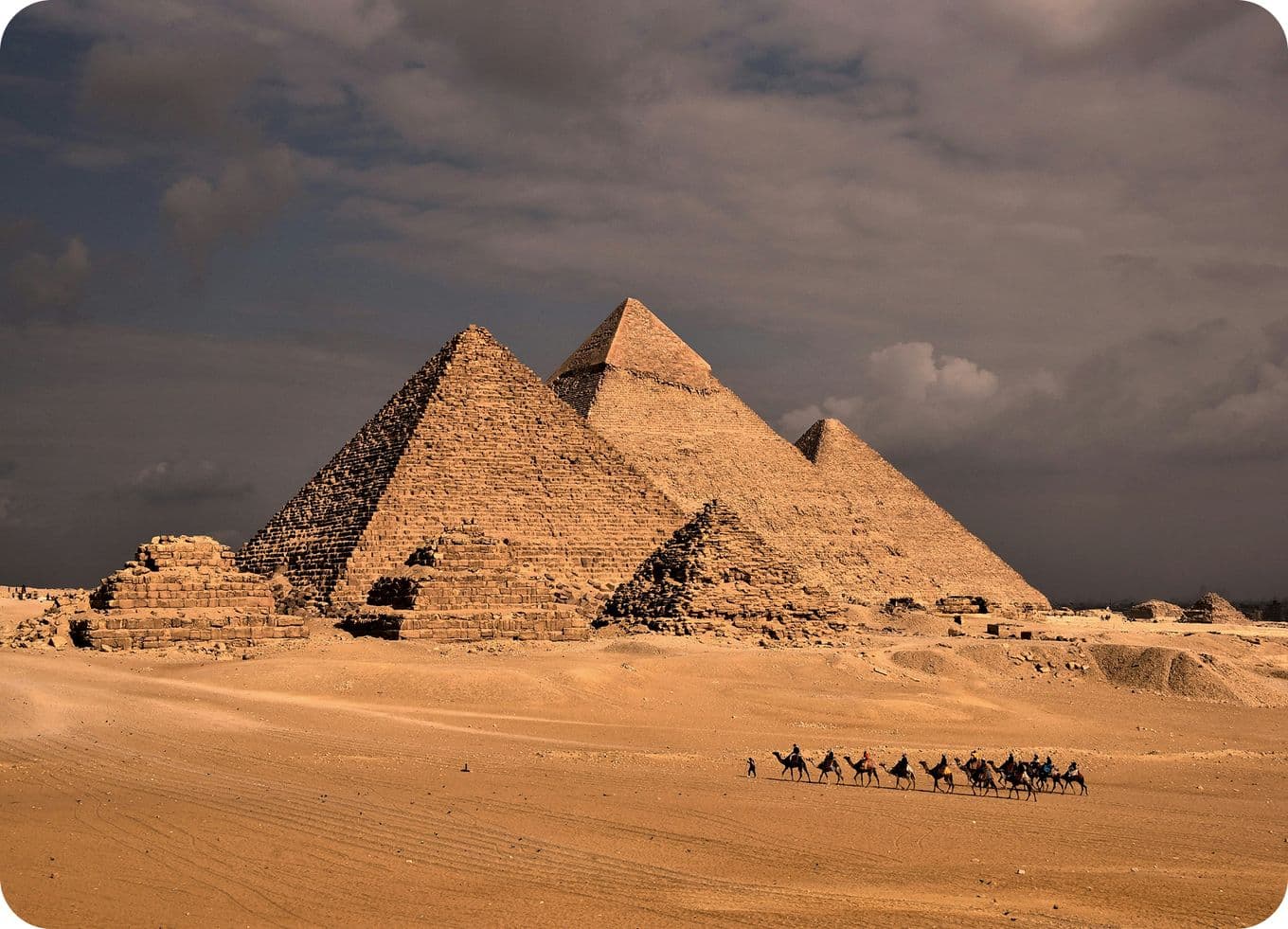 The Pyramids of Giza under a cloudy sky, with a line of camels and riders crossing the sandy desert in the foreground.