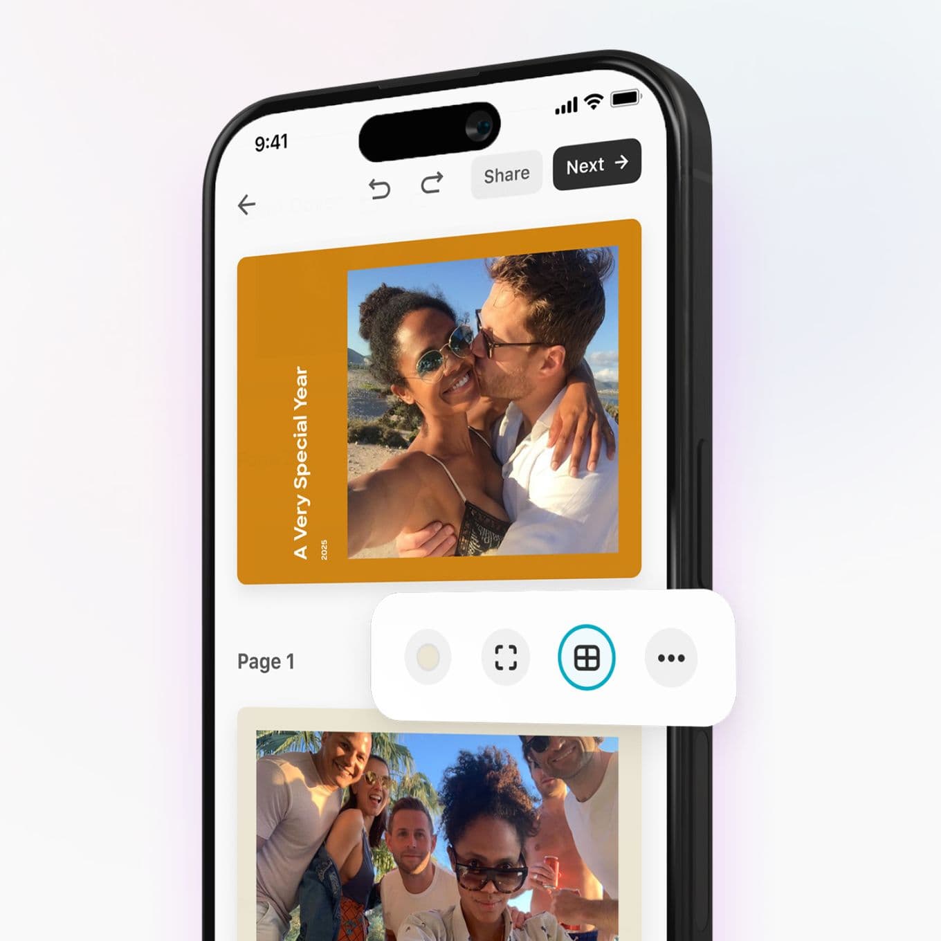 Smartphone screen displaying a photo album app with a cover image of a couple smiling and embracing, and a family photo below.