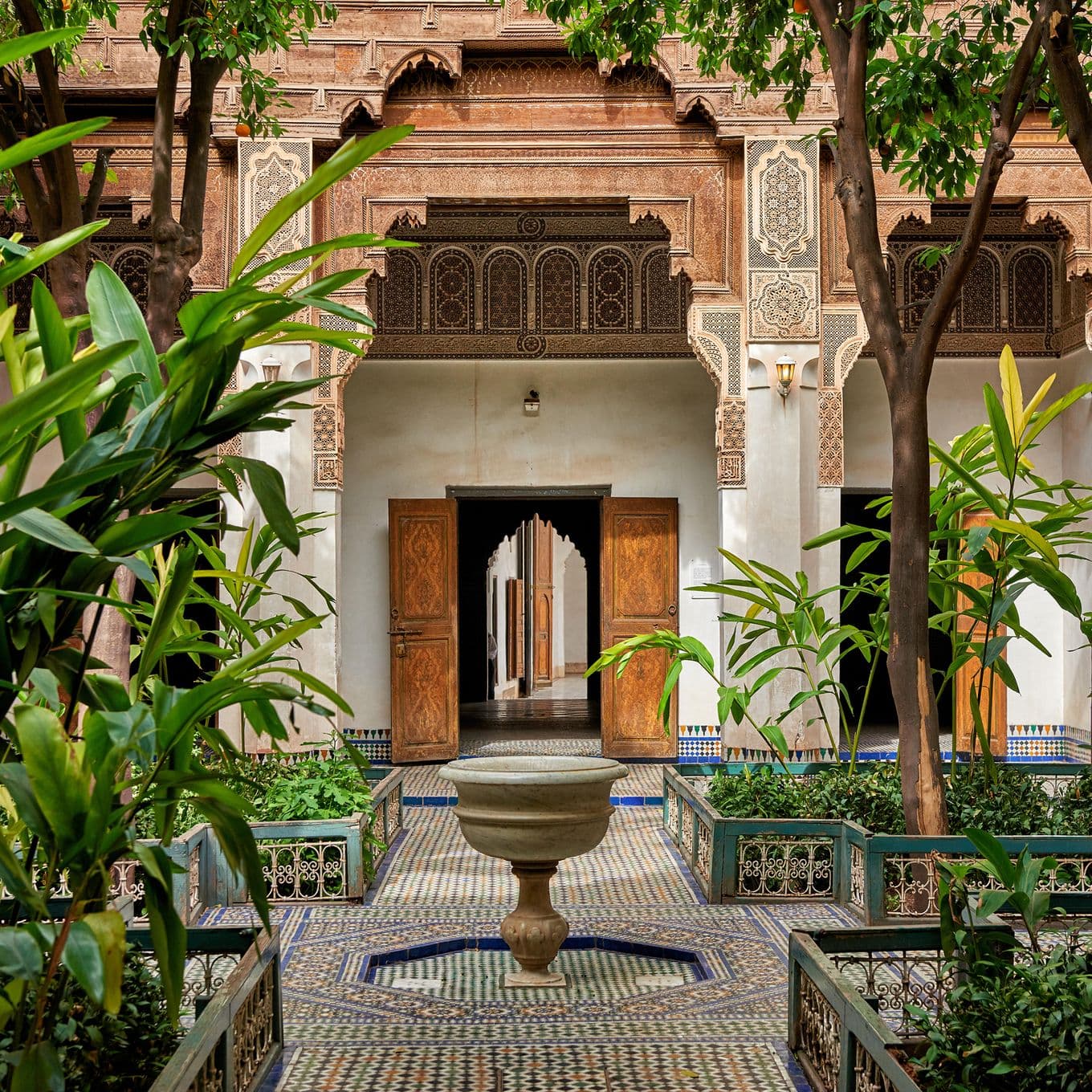 A water feature and mosaic floor inside the Bahia Palace, Marrakesh, Morocco