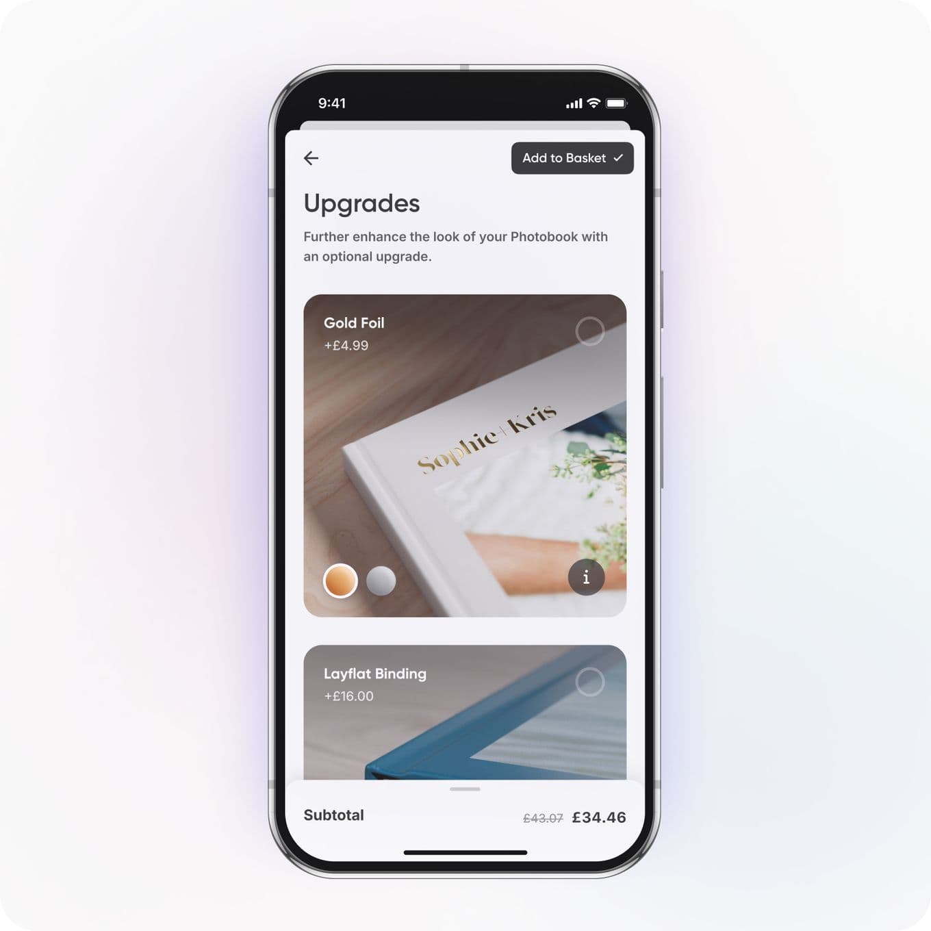 Smartphone screen displaying a photobook upgrade app with options for gold foil and layflat binding, showing prices and subtotal.