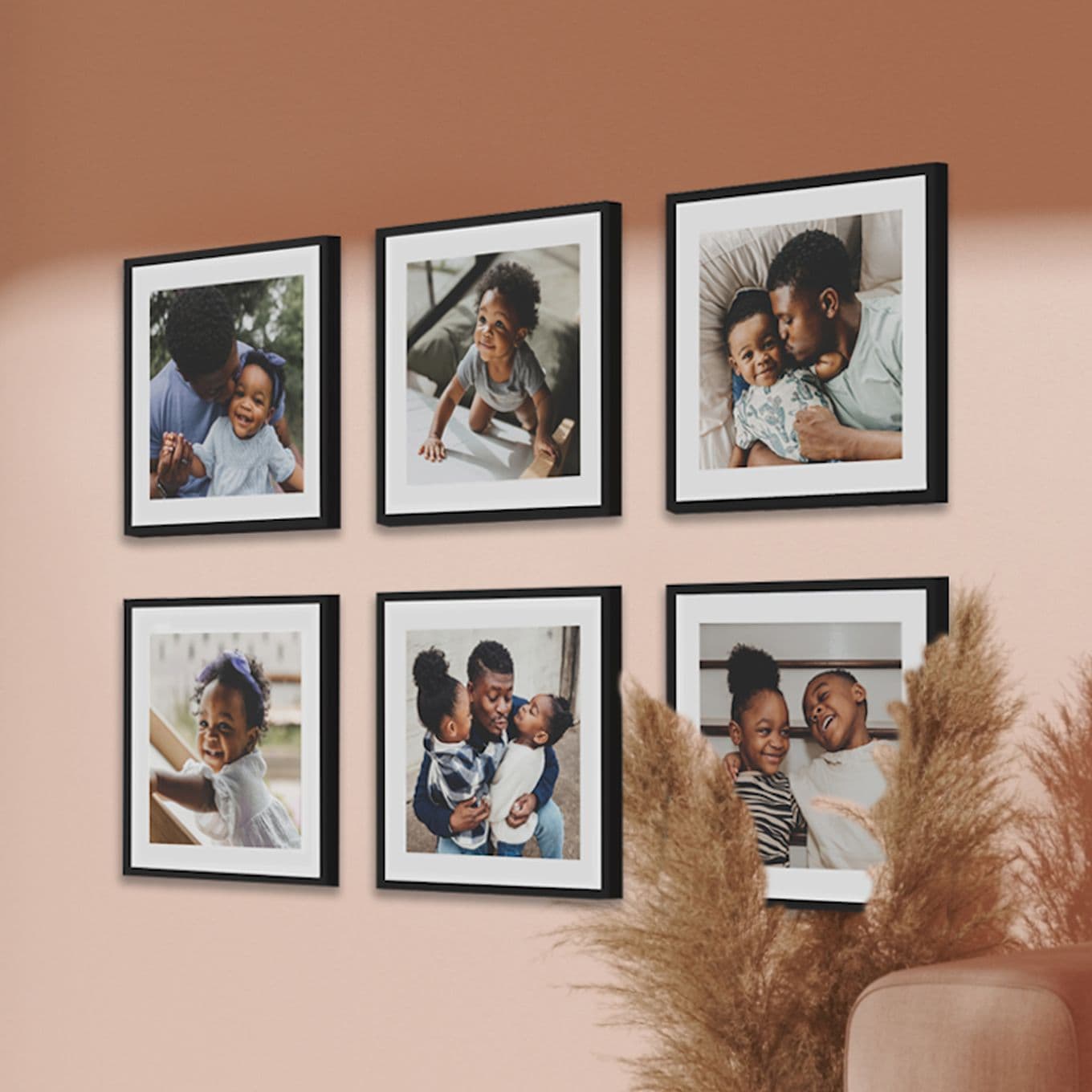 Popsa Photo Tiles on a wall arranged in a 3x2 grid