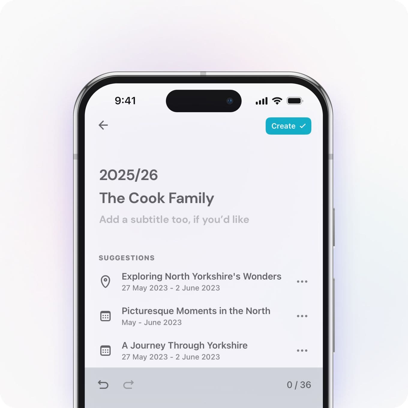 Smartphone screen displaying a planning app with suggestions for trips in North Yorkshire, including dates. The title reads "2025/26 The Cook Family."