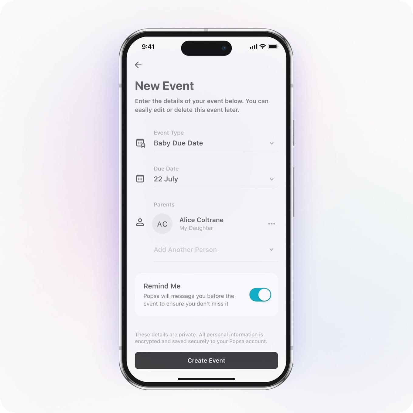 Smartphone screen displaying a "New Event" setup for a "Baby Due Date" on July 22, with options to add parents and reminder notifications.