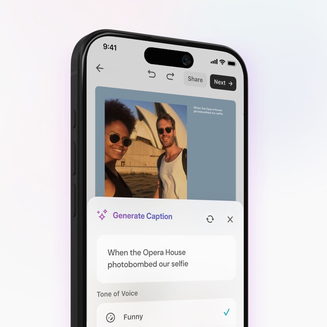 Smartphone screen showing a photo of two people smiling with the Sydney Opera House in the background. Caption tool open below.