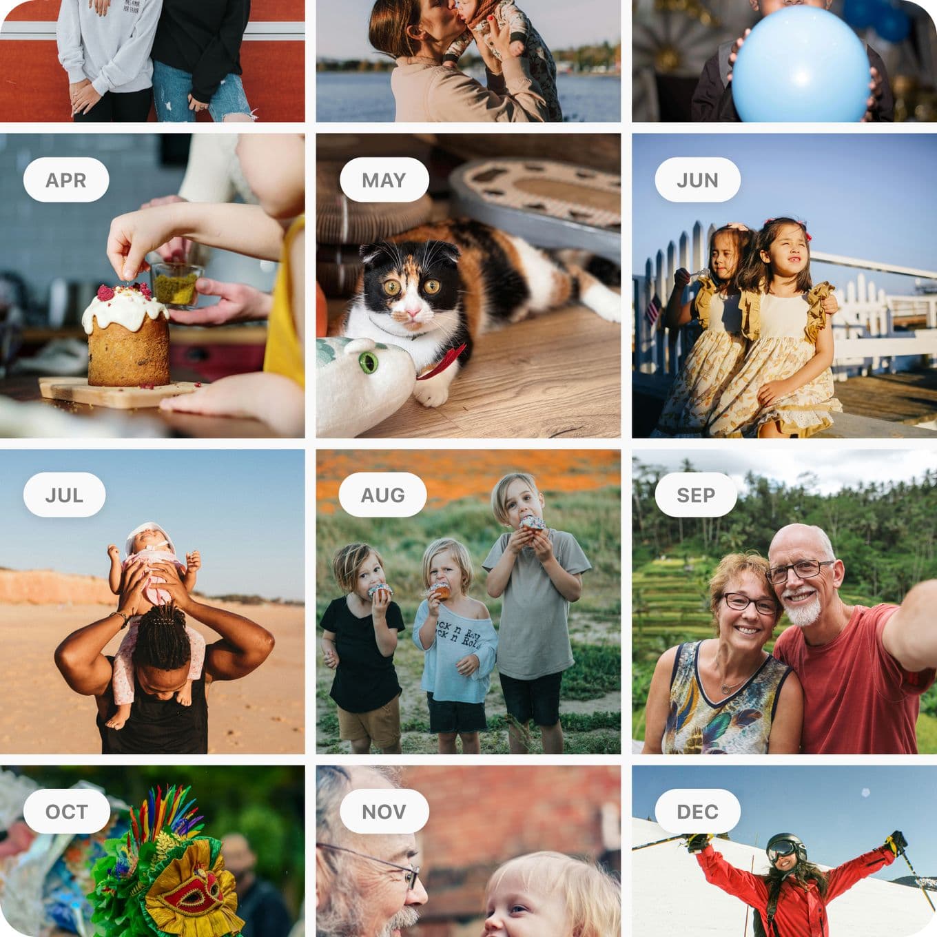 A 12-photo collage depicting joyful moments from each month, including celebrations, nature, family, and seasonal activities.