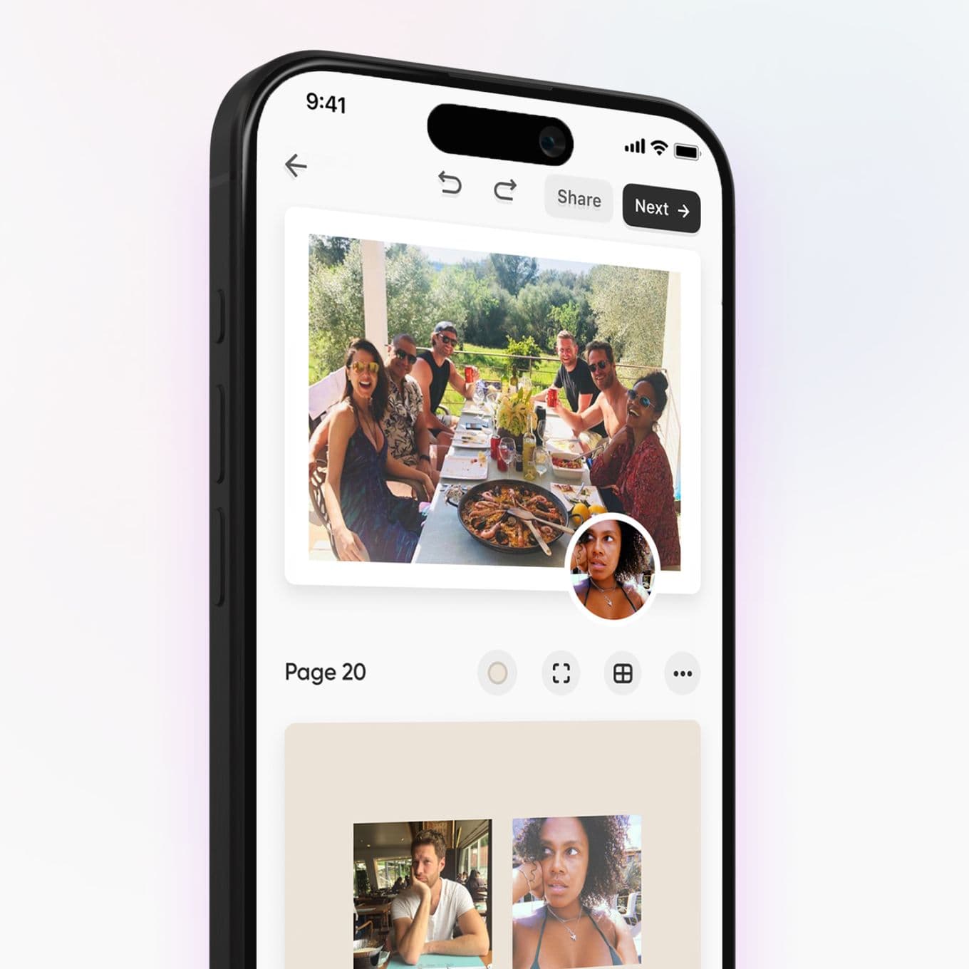 Smartphone displaying a social media post with a group of people enjoying a meal outdoors. Below, two profile pictures are visible.