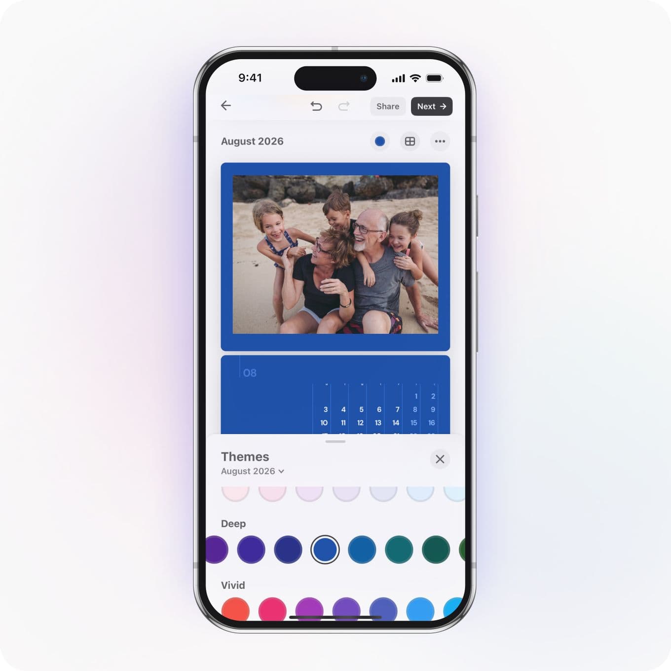 Smartphone screen displaying a calendar app for August 2026, featuring a family beach photo and theme color options below.