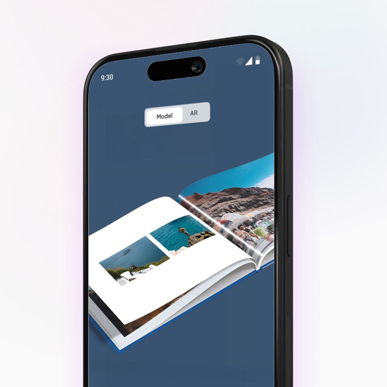 Smartphone displaying an augmented reality app with an open book showing landscapes, against a soft gradient background.