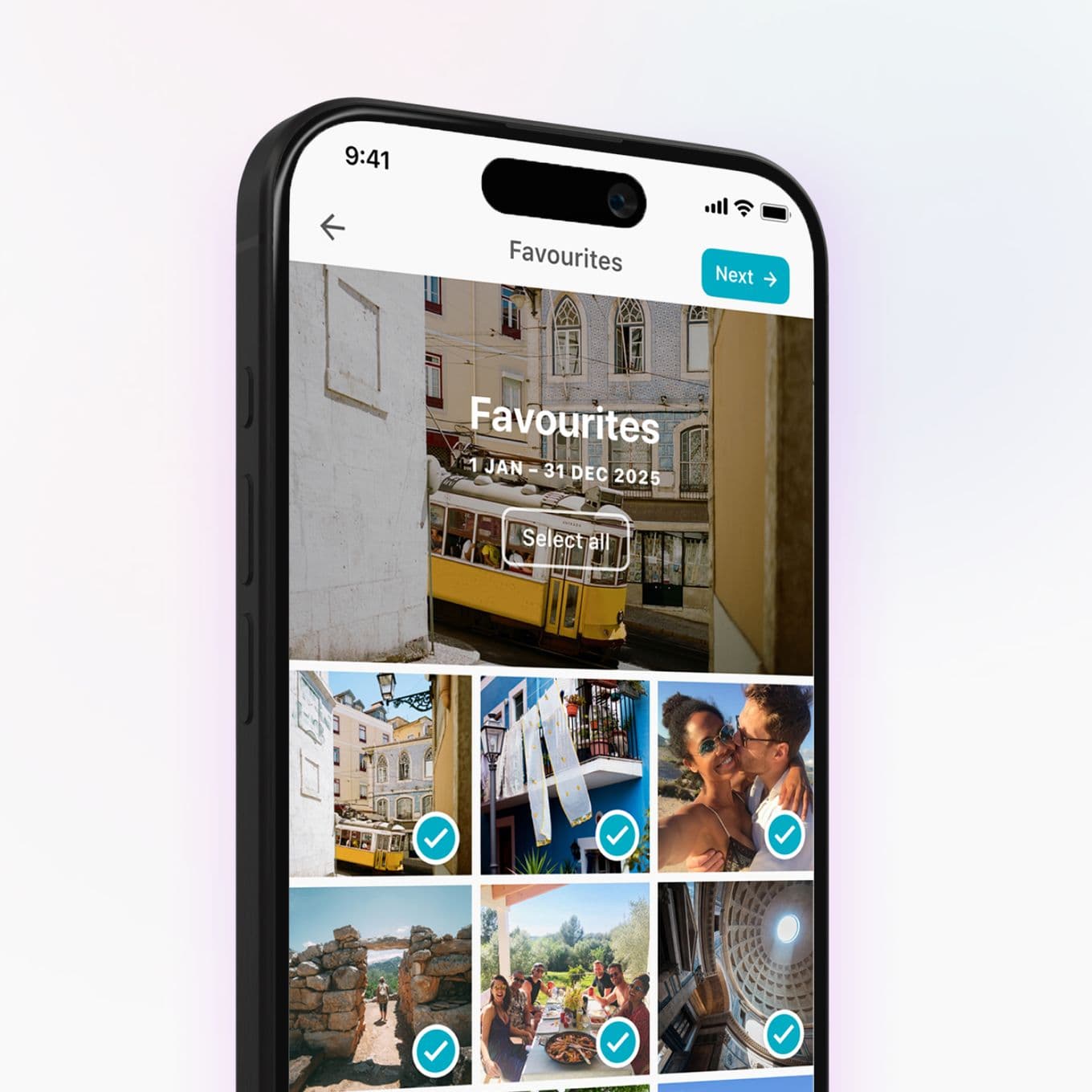 Smartphone screen showing a photo gallery app titled "Favourites," featuring various travel images and a "Select all" option.