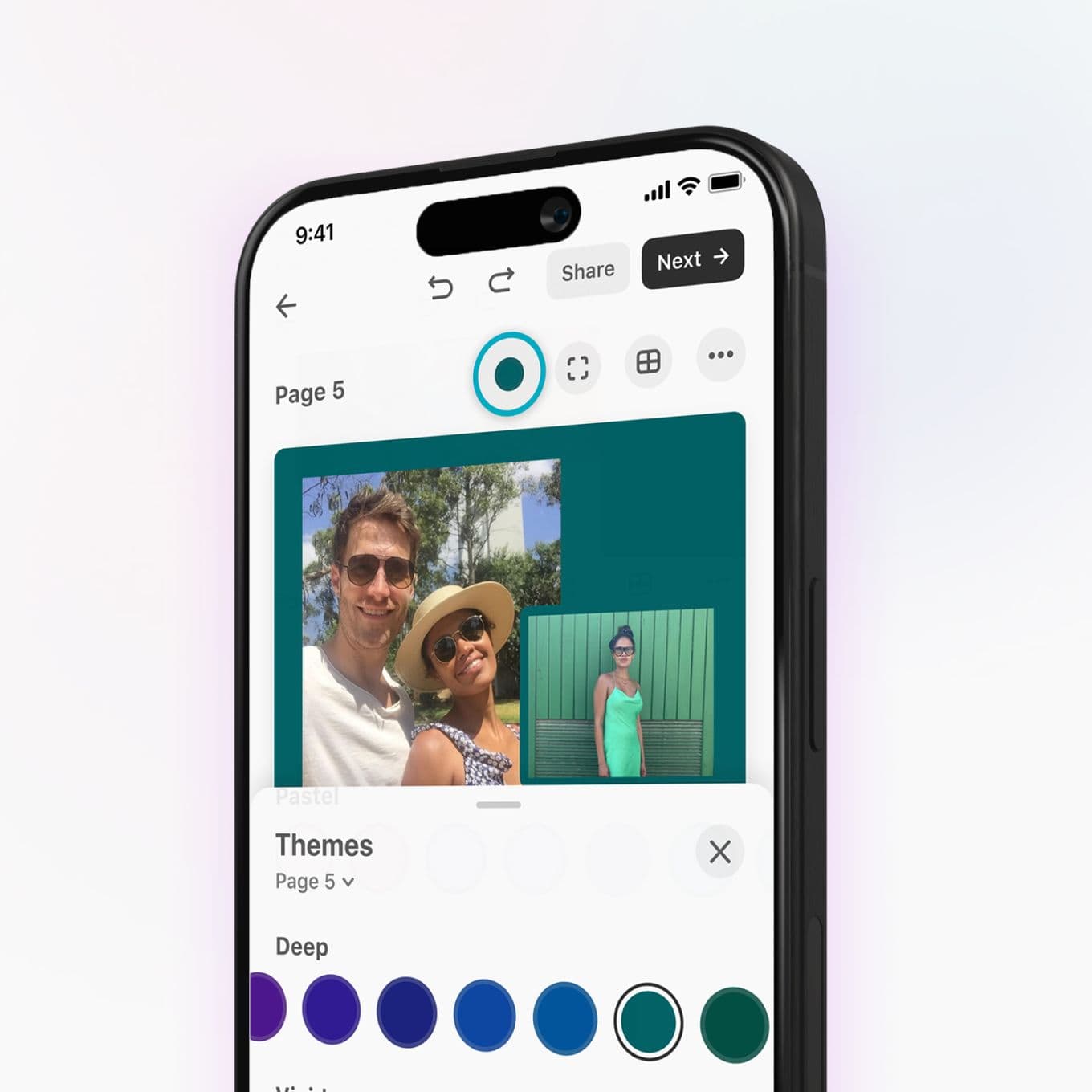 Smartphone screen displaying a photo editing app with a couple's selfie and color theme options.