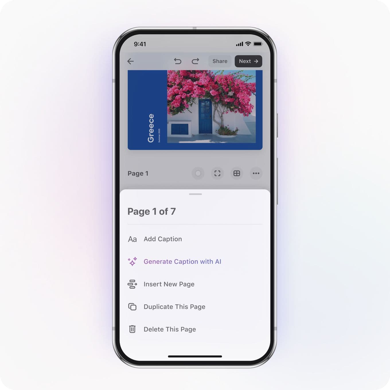 Smartphone displaying a document editing app with a page showing a blue door and pink flowers labeled "Greece." Options for editing are visible.