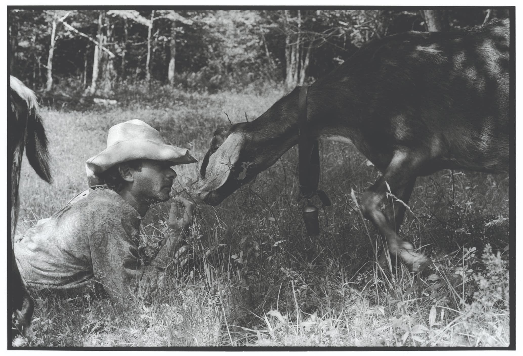 Black-and-white photo of a person in a cowboy hat lying in grass, gently touching noses with a foal in a meadow.