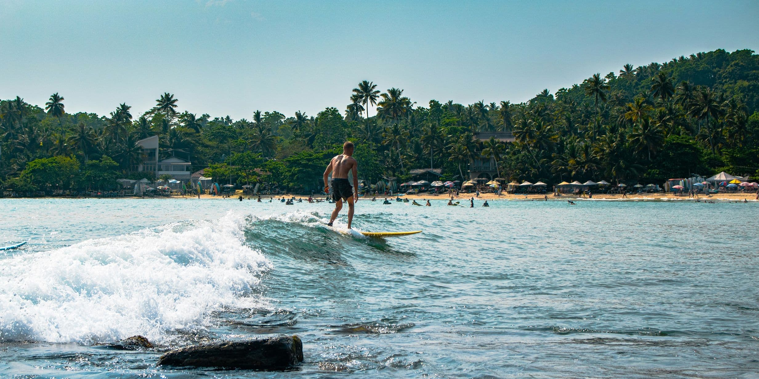 A person surfing on a small wave near a tropical beach with palm trees and distant beachgoers under umbrellas.