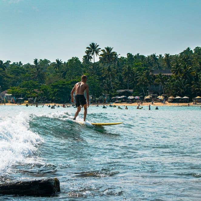 A person surfing on a small wave near a tropical beach with palm trees and distant beachgoers under umbrellas.