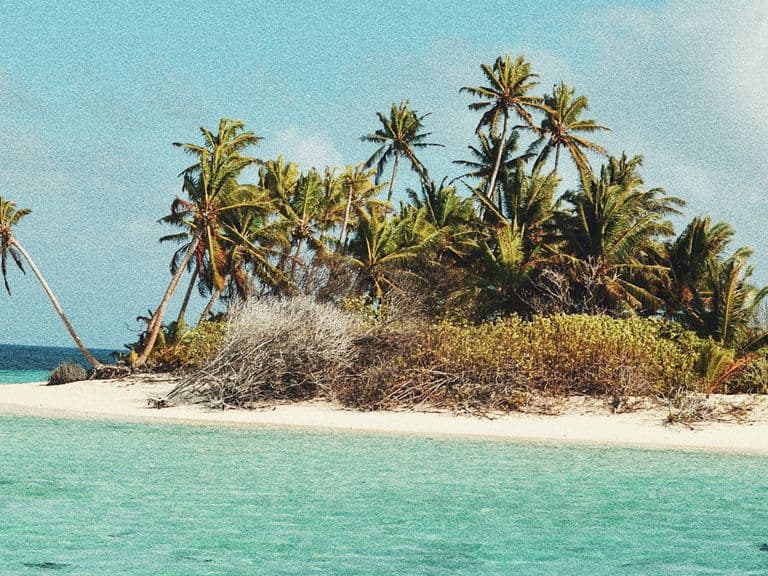 Small tropical island with white sandy beach, turquoise water and leaning palm trees.