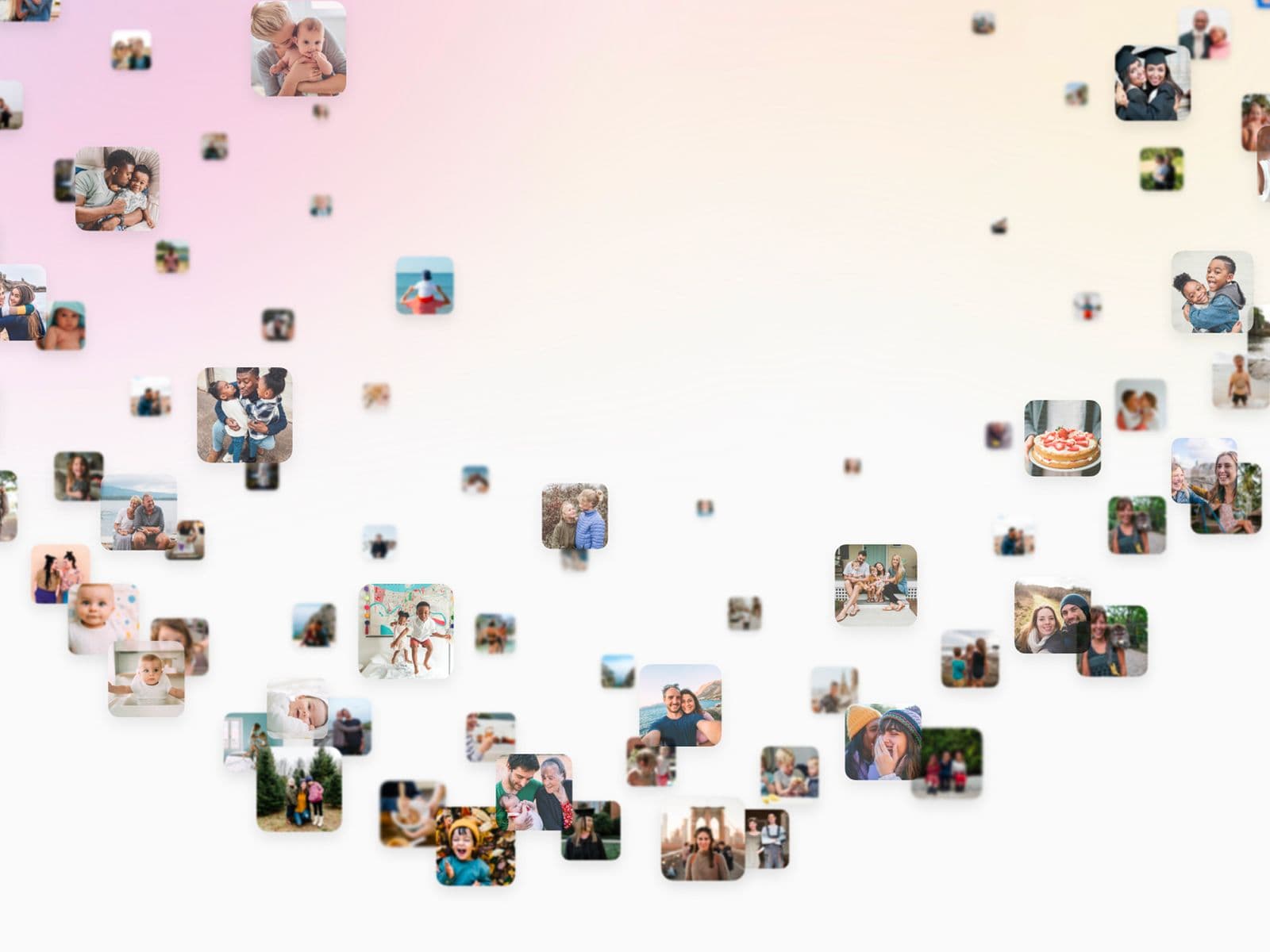 Collage of small photos, each showing diverse people and families in various happy moments, arranged in a heart shape on a gradient background.