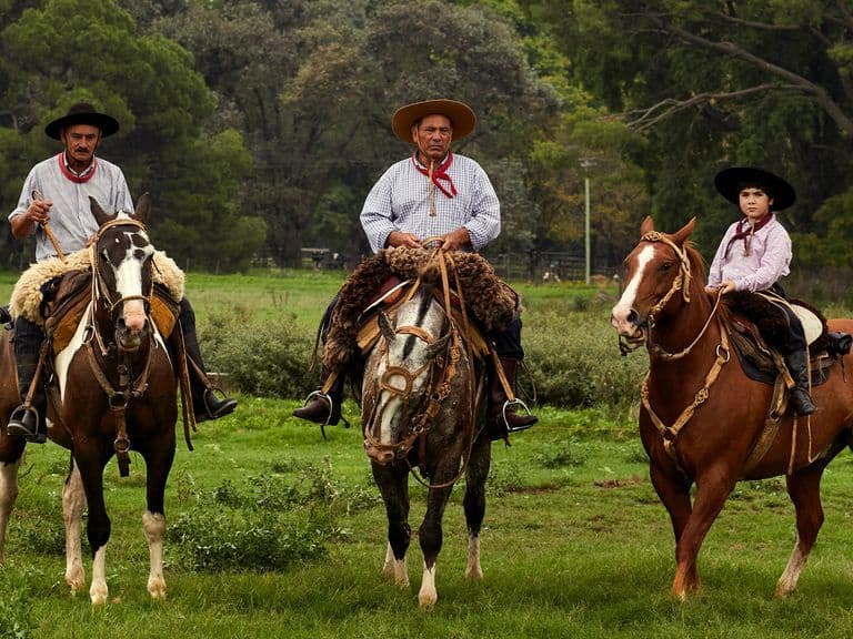 Three gauchos on horseback in a green field, wearing wide-brimmed hats and traditional clothing, trees in the background.