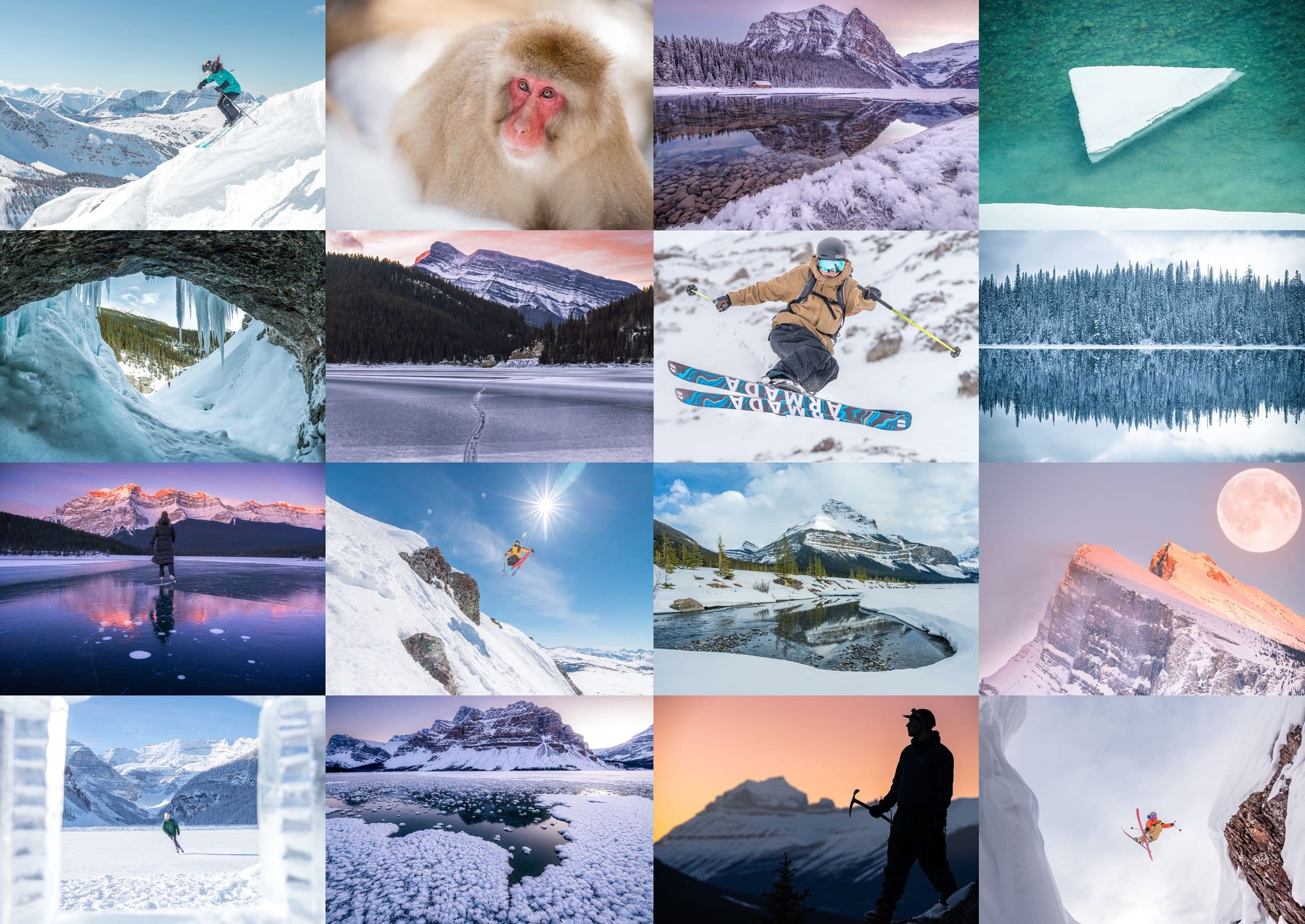 A collage of winter scenes: skiing, snowboarding, snowy landscapes, a snow monkey, icy lakes, and a person silhouetted against a sunset.