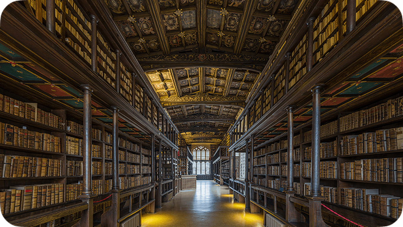 Ornate library interior with wooden shelves lined with books, intricate carved ceiling, and a large window at the far end.