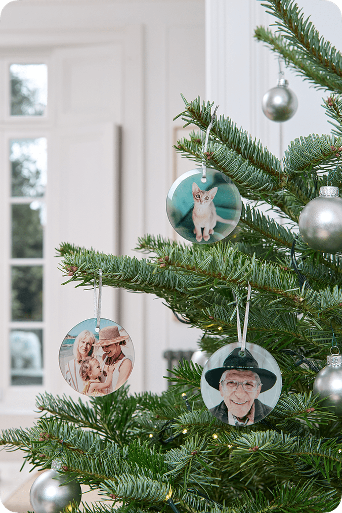 Christmas tree with silver baubles and hanging photo ornaments featuring a cat, a person with a dog, and an elderly person wearing a hat.