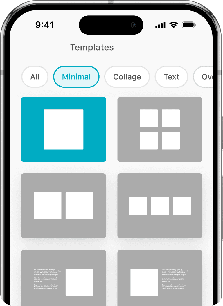 Smartphone screen showing a template selection interface with options like Minimal, Collage, and Text. A minimal template is highlighted.