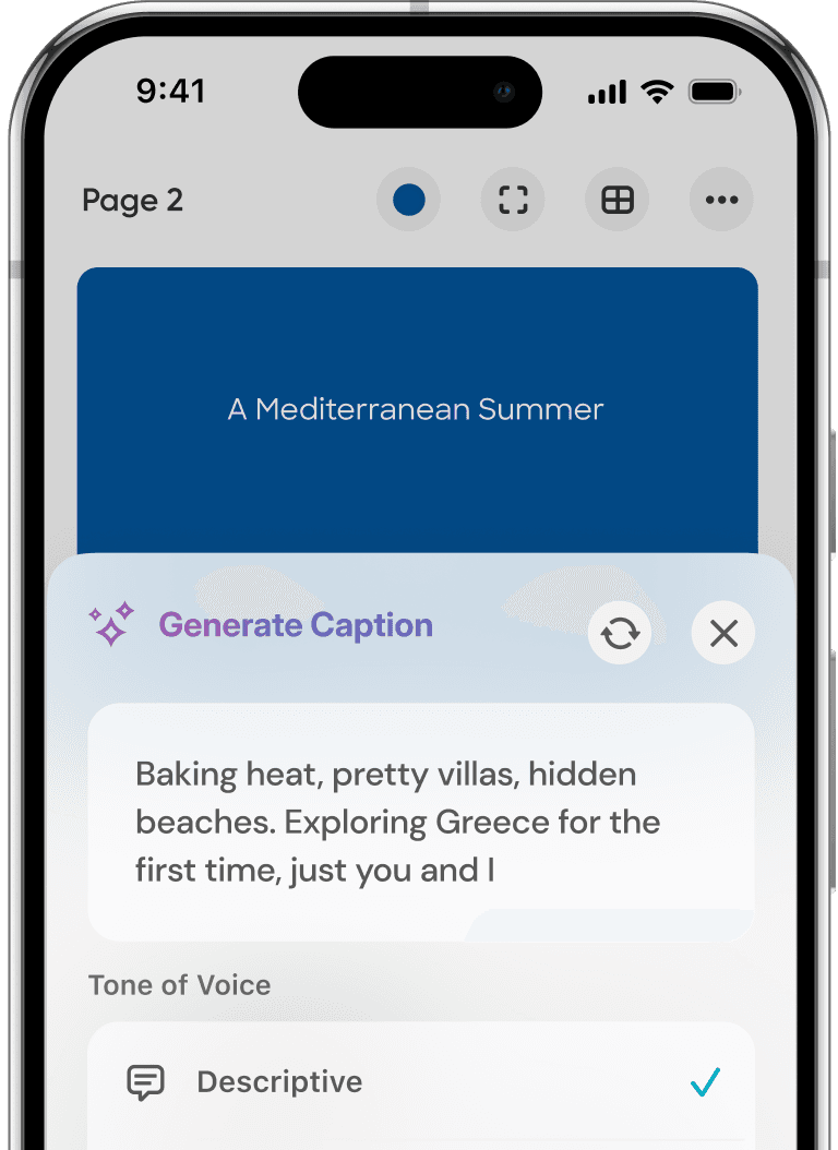 Mobile screen displaying a travel app. The caption section suggests a trip to Greece with keywords: baking heat, pretty villas, and hidden beaches.