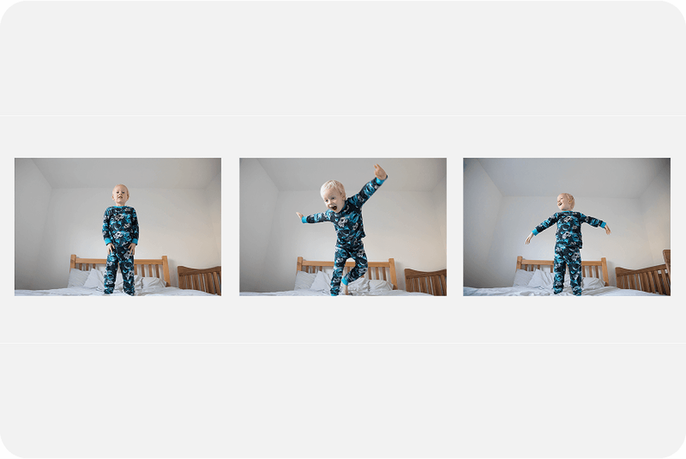 Three images of a child in blue pajamas jumping on a bed in a white room, showing different stages of a jump.