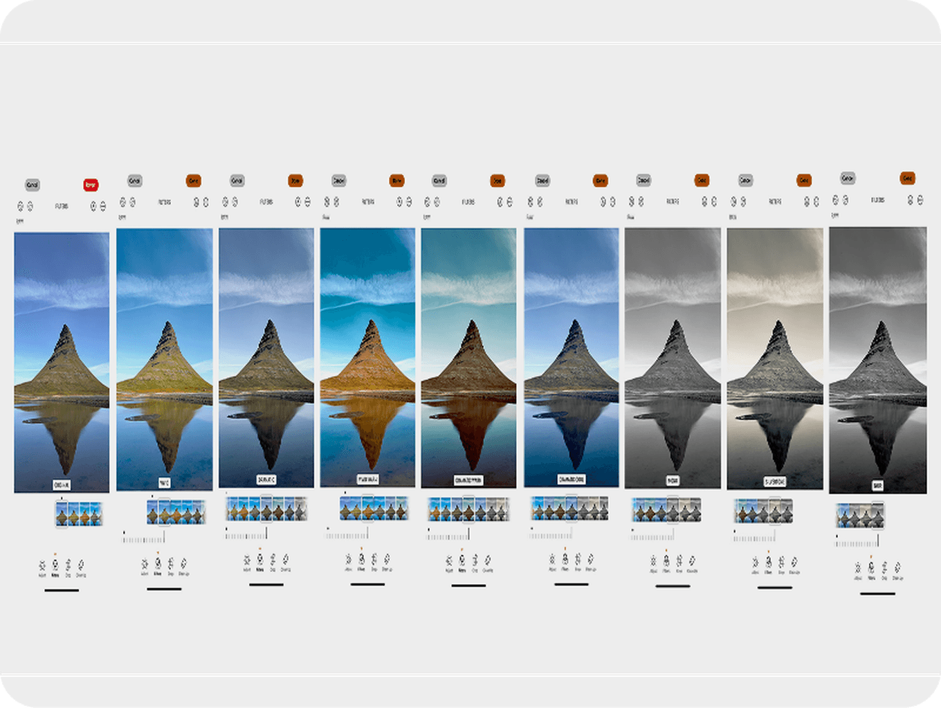 Comparison of a mountain landscape photo with various filters applied, showing different color tones and effects.