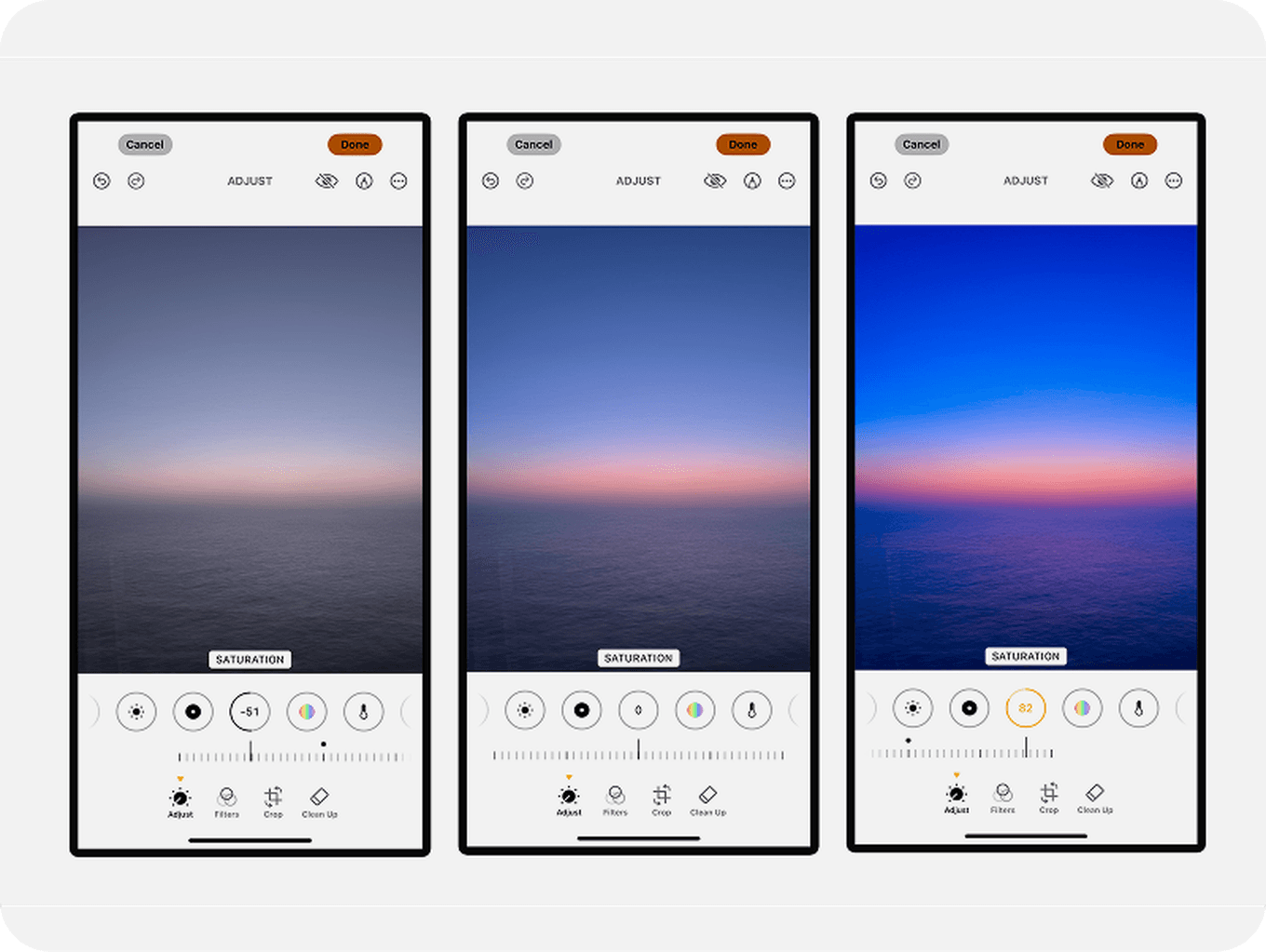 Three smartphone screens showing photo editing apps with a seascape image. Each screen displays different saturation adjustments.