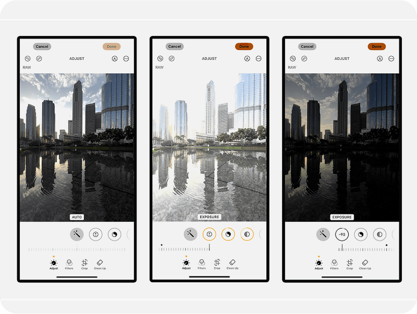 Three side-by-side smartphone screens show photo editing adjustments, including auto, exposure, and contrast, with a cityscape image.