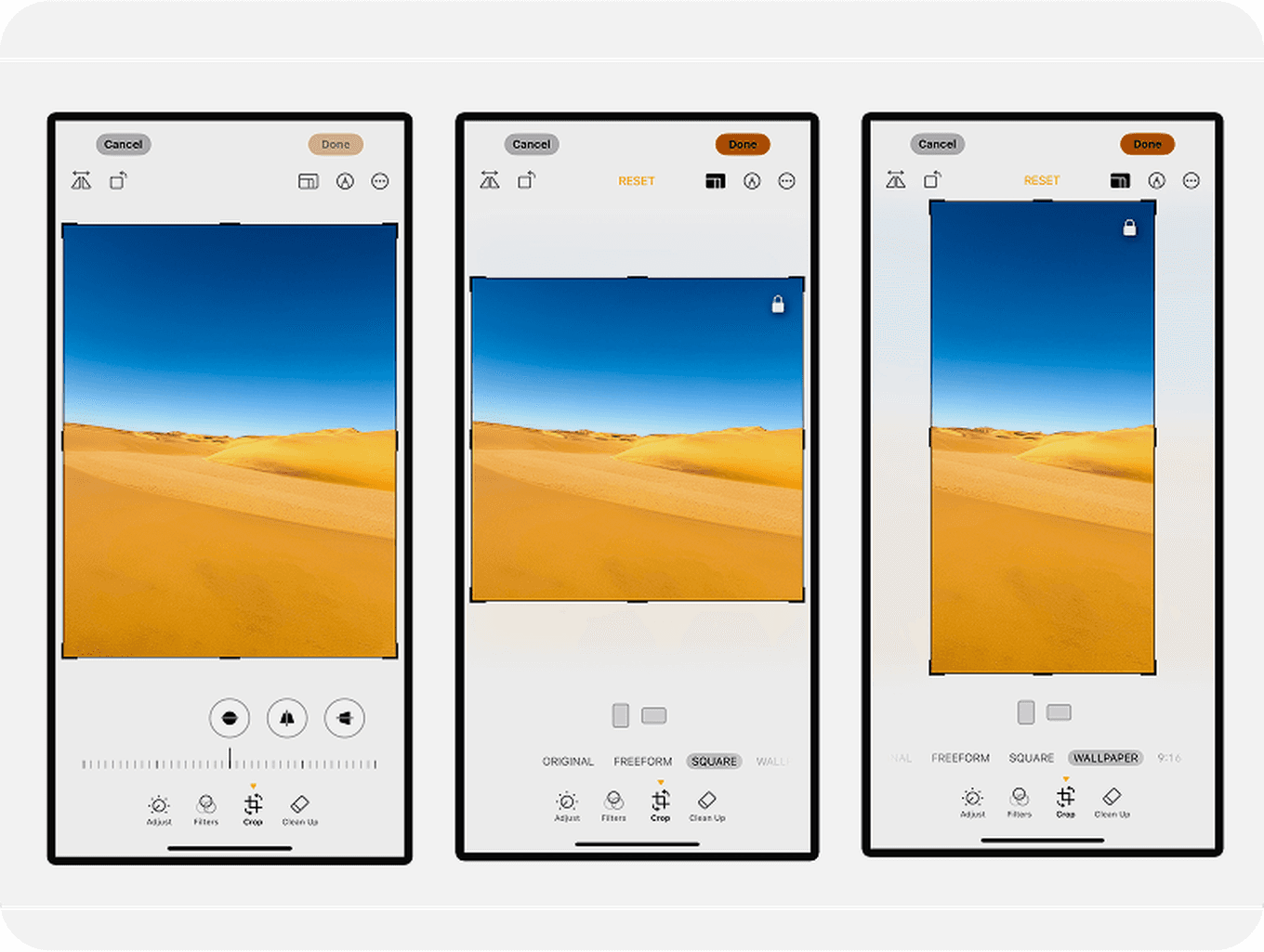 Three smartphone screens displaying an image editing app with cropping tools, showing a desert landscape photo being adjusted in various orientations.