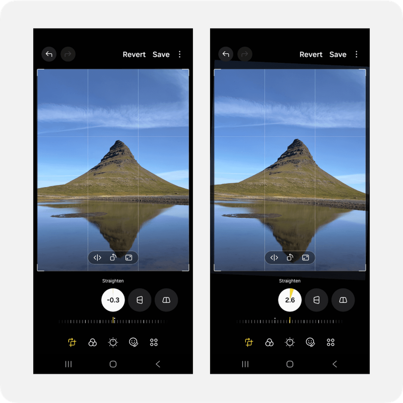 Two smartphone screens showing photo editing apps with a mountain reflected in water; one with exposure -0.3, the other with 2.6.