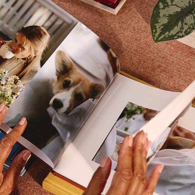 Hands flipping through a photo book showing images of a woman drinking coffee and a dog. Nearby, a book titled "Eat Drink Nap."
