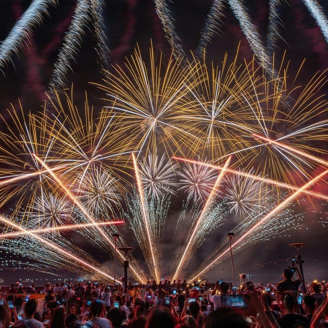 A vibrant fireworks display lights up the night sky, with a crowd of people watching and capturing the moment on their phones.