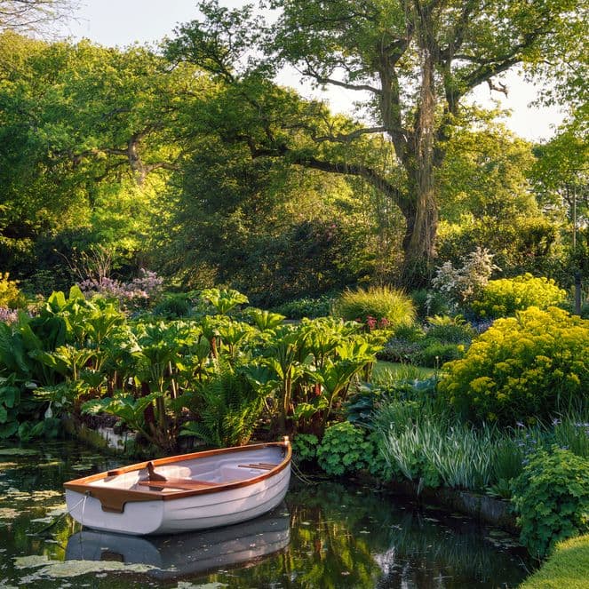 A small wooden boat floats on a tranquil pond surrounded by lush greenery and colorful flowers in a sunlit garden.
