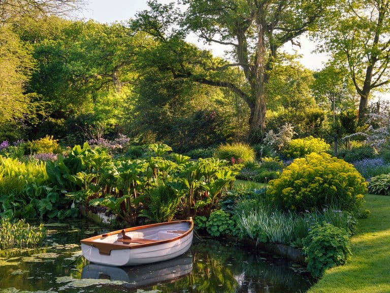 A small wooden boat floats on a tranquil pond surrounded by lush greenery and colorful flowers in a sunlit garden.