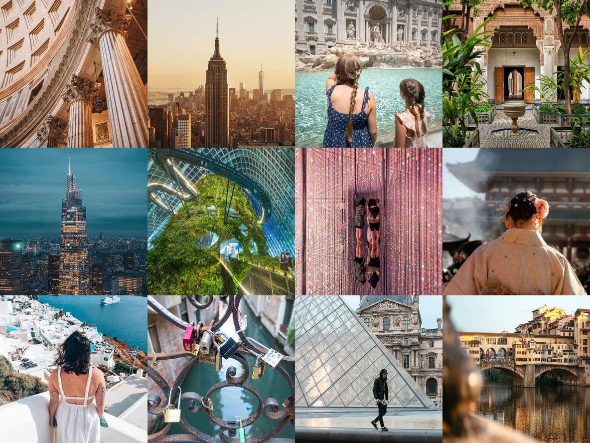 A composite image of 18 of the most photographed locations in 2025 according to Popsa data, including Disneyland, Paris; the Empire State Building; the Louvre; and the Trevi Fountain