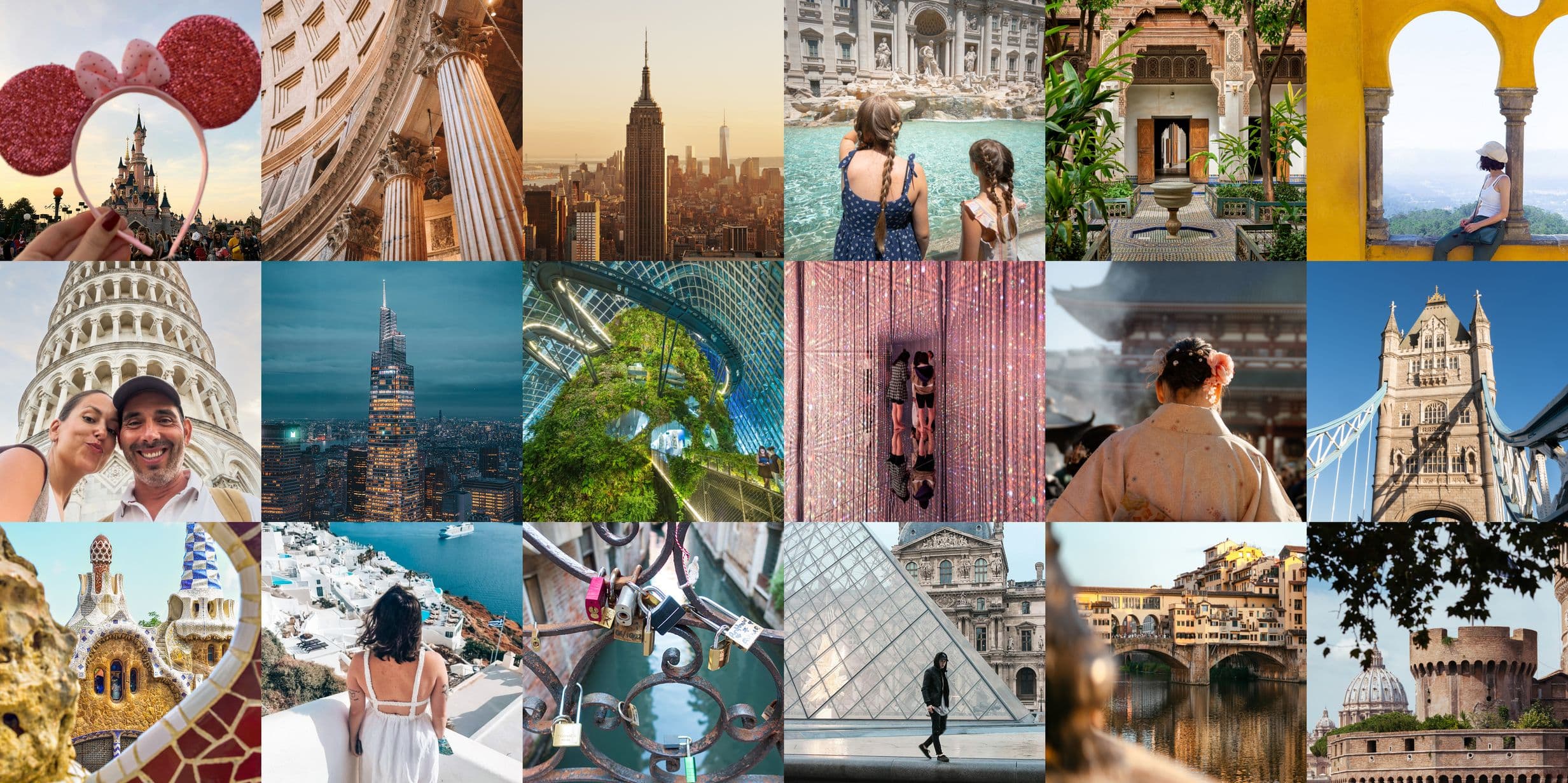 A composite image of 18 of the most photographed locations in 2025 according to Popsa data, including Disneyland, Paris; the Empire State Building; the Louvre; and the Trevi Fountain