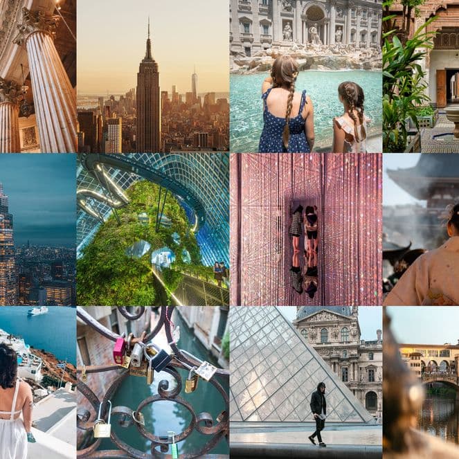 A composite image of 18 of the most photographed locations in 2025 according to Popsa data, including Disneyland, Paris; the Empire State Building; the Louvre; and the Trevi Fountain